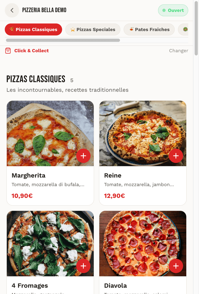 Le menu d'un restaurant sur Fasteat, vu sur smartphone